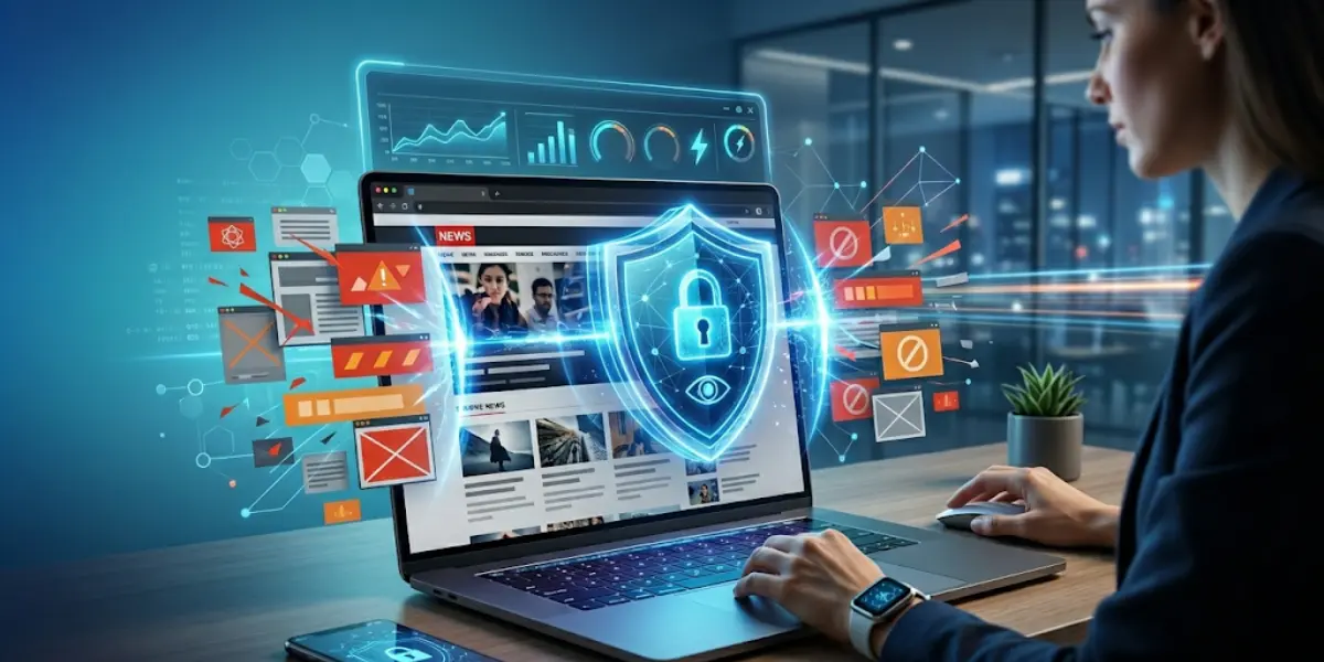 Bærbar datamaskin som viser en personvern- og VPN-skjerm